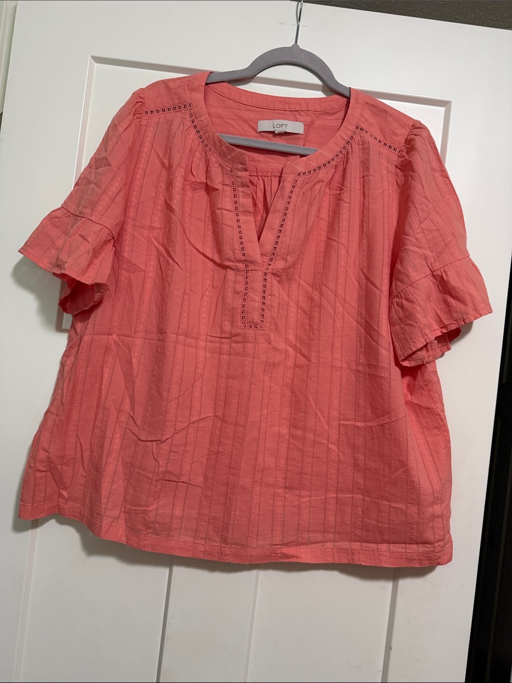 LOFT Coral Split V-Neck Ruffle Sleeve Blouse